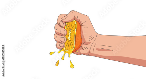 A strong hand squeezes a fresh orange causing juice to burst out representing natural goodness and healthy living.