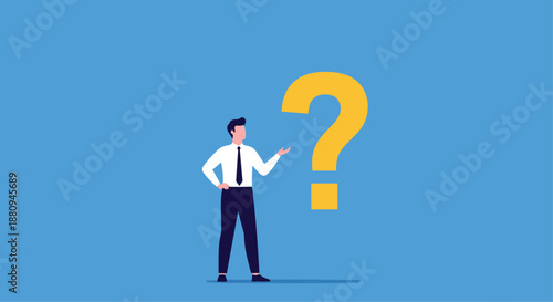 A businessman stands thoughtfully beside a large question mark symbolizing questions confusion problems or seeking answers.