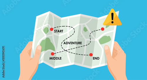 Hands hold a map with a marked adventure route and a warning sign symbolizing journey planning or unexpected challenges.