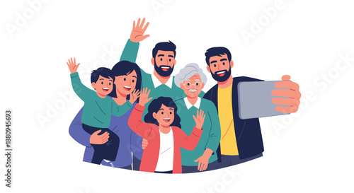A happy multi-generational family including children parents and grandparents takes a selfie waving to capture a joyful moment.