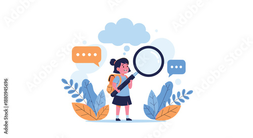 A young girl with a backpack holds a large magnifying glass representing learning curiosity and educational inquiry.