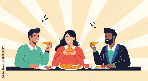 Three happy diverse friends enjoy eating delicious pizza together at a table sharing a casual and joyful meal.