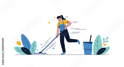 An energetic woman happily mops a floor illustrating the concept of cleaning household chores and maintaining hygiene.