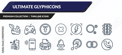 ultimate glyphicons icons set - medicine mortar, game controller cross, upload arrow with bar, two circles, incoming calls outline vector collection.