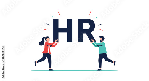 A man and a woman work together carrying large HR letters symbolizing human resources teamwork and recruitment.