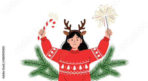 A happy woman in a Christmas sweater and reindeer antlers holds a candy cane and sparkler celebrating the festive season.