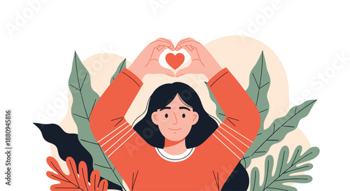 A woman makes a heart shape with her hands over her chest surrounded by green leaves symbolizing love and wellbeing.