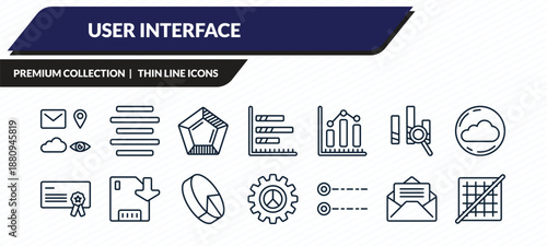 user interface icons set - the of, justify, pentagonal chart, open mail, grid off outline vector collection.