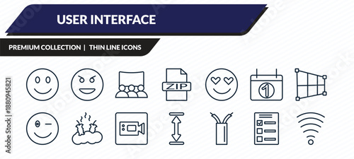 user interface icons set - smile smile, evil smile, cinema hall, test quiz, outline vector collection.
