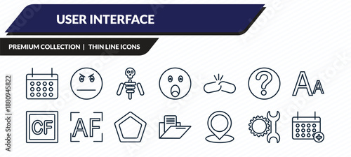 user interface icons set - timetable, angry smile, anatomy class skeleton, work tools, add event outline vector collection.