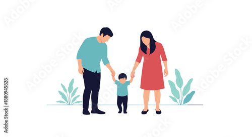 Parents hold hands with their baby taking its first steps surrounded by plants symbolizing family growth and parenthood.