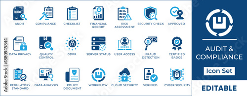 Audit Compliance GDPR Risk Assessment Quality Control Data Privacy Security Inspection Vector Icon Set