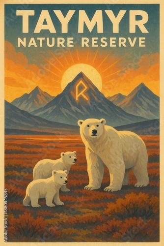 Polar bear mother with two cubs stands on tundra with mountain backdrop and radiant sunrise in the Taymyr Nature Reserve