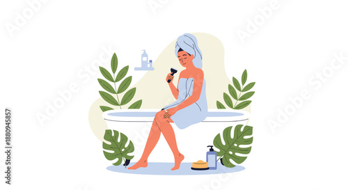 A woman wrapped in a towel shaves her leg while sitting on the bathtub edge representing self-care and personal grooming.