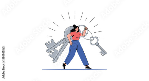 A strong confident woman carries a large bunch of keys with radiating lines symbolizing access security and opportunity.