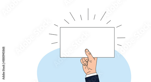 A hand holds up a blank rectangular sign with radiating lines symbolizing a message announcement or customizable content.
