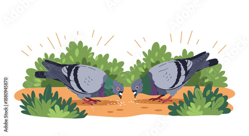 Two pigeons peck at seeds on the ground surrounded by green bushes illustrating nature wildlife and urban animals.