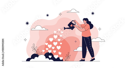 A woman waters a plant with hearts flowing from the watering can symbolizing love nurturing and the growth of emotions.