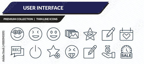 user interface icons set - nerd smile, joyful smile, smiling smile, earn money, sale time outline vector collection.