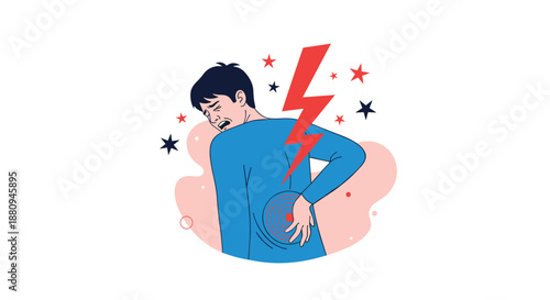A man clutches his lower back with a lightning bolt illustrating severe back pain injury discomfort or a health problem.