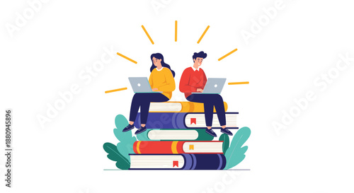 A man and a woman sit on a stack of books working on laptops representing education online learning and collaboration.