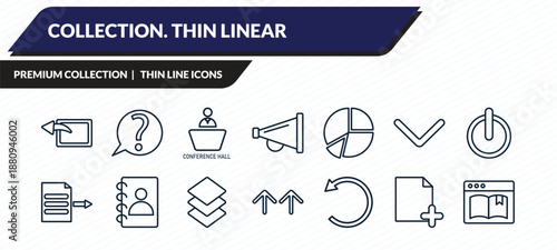 collection. thin linear icons set - window back button, question button, conference hall, new page, ribbon from a book outline vector collection.
