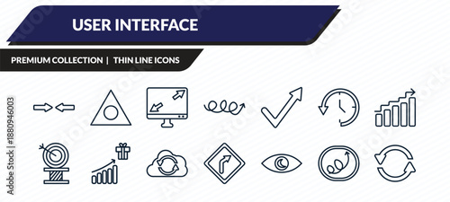 user interface icons set - turn, triangular, display size, scribble right arrow, continuous outline vector collection.