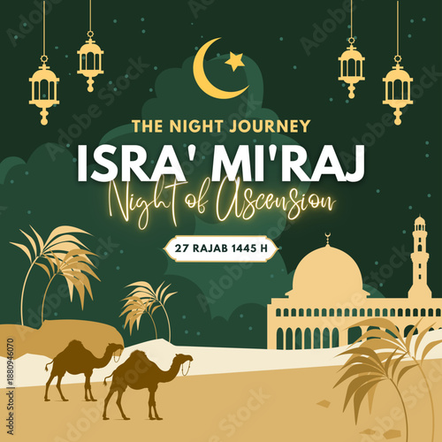 Isra Miraj Night Poster, Islamic Spiritual Design, Holy Journey Artwork, Muslim Festival Banner, Elegant Greeting Card