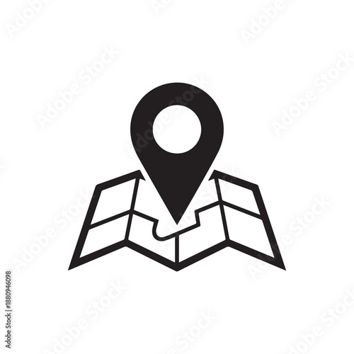 Black map pointer icon placed on a folded map symbolizing destination navigation and travel rendered in a clean minimalist graphic style on a white background perfect for location services or travel