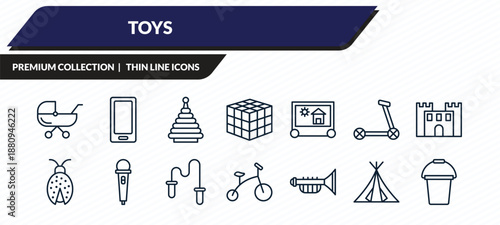 toys icons set - pram toy, telephone toy, pyramid toy, tent bucket outline vector collection.