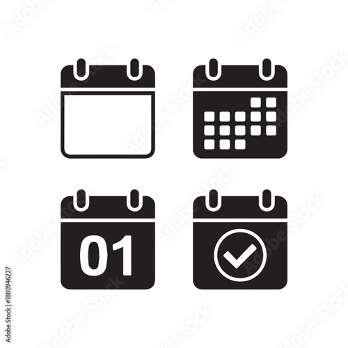 Set of four black calendar icons representing different planning and scheduling concepts a blank calendar page a grid calendar a calendar with the number '01' and a calendar with a checkmark