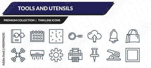 tools and utensils icons set - reading glasses, calendar with six days, clocks, hole puncher, basic square outline vector collection.