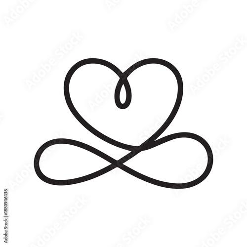 Elegant continuous line art heart symbol intertwined with infinity loop representing eternal love connection and everlasting bond rendered in a minimalist black and white graphic style on a clean