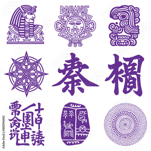 Collection of diverse cultural symbols and icons including Egyptian Mayan and Chinese designs isolated on transparent background