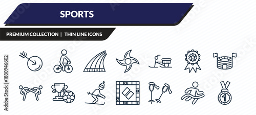 sports icons set - ball arrow, man riding bike, running track, marathon champion, medal with number 1 outline vector collection.