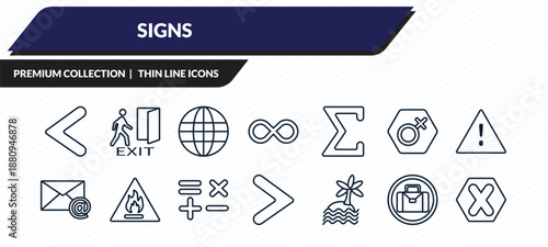 signs icons set - is less than, emergency exit, world grid, suitcase, gross dark cross outline vector collection.