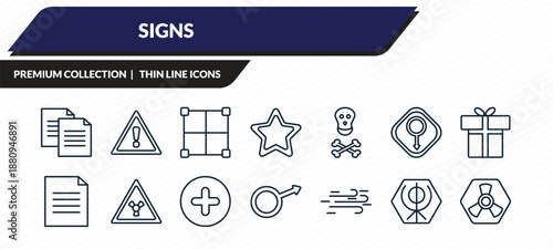signs icons set - copying, exclamation mark, borders, khanda, toxic outline vector collection.