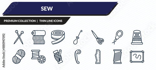 sew icons set - pins, fabrics, measuring, wire coil, drawing board outline vector collection.