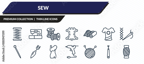 sew icons set - coil, new sewing hine, , ripper, thread outline vector collection.