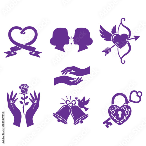 Collection of purple love and wedding icons featuring hearts hands and symbols of affection and commitment
