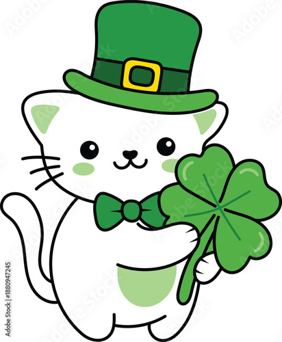 Cute cartoon white cat wearing leprechaun hat holding shamrock for St. Patrick's Day vector illustration