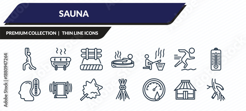 sauna icons set - warming-up time, snow paradise, brine cabin, yurt, arterioles outline vector collection.