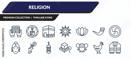 religion icons set - reading quran, qibla, kaaba mecca, chicken, tallit outline vector collection.