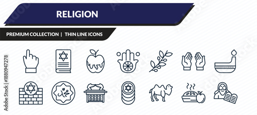 religion icons set - one god, torah book, and honey, cake, moses outline vector collection.
