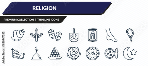 religion icons set - conch shell, bael tree, challah, matzo ball soup, crescent moon and star outline vector collection.