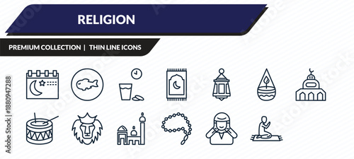 religion icons set - ramadan month, inclined fish, ramadan iftar, adhan call, islamic friday prayer outline vector collection.