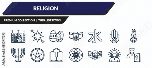 religion icons set - monastery, holy star, easter eggs, jesus, orthodox outline vector collection.