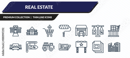 real estate icons set - mansion, villa, buy, slides, facade outline vector collection.