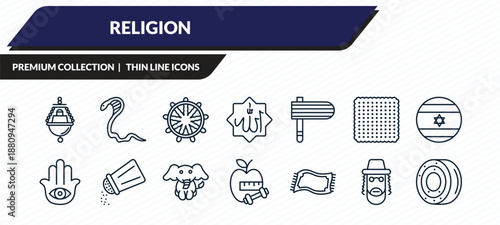 religion icons set - jewish incense, cobra, dharma, rabbi, gefilte fish outline vector collection.