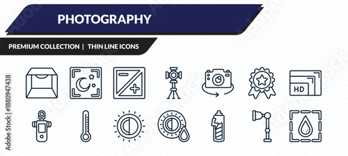 photography icons set - light box, night mode, exposure, illuminatio, blur outline vector collection.